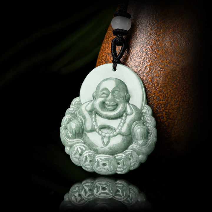 Buddha Stones, lachender Buddha, natürlicher Jade-Kupfer-Münzen-Halsketten-Anhänger