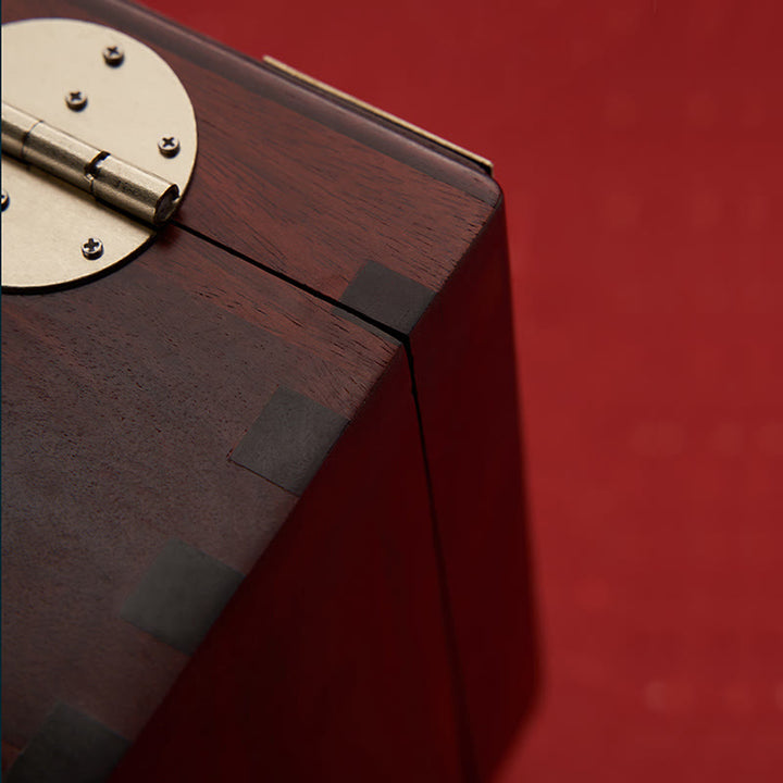 Antike handgemachte rote Sandelholz-Palisander-Schmuck-Aufbewahrungsbox, abschließbare Geschenk-Organizer-Box aus massivem Holz