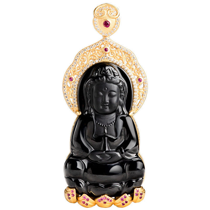 Buddha Stones 925 Sterling Silber natürliche schwarze Jade Kwan Yin Avalokitesvara Reichtum Halskette Anhänger