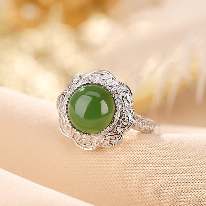 Buddha Stones 925 Sterling Silber Hetian Cyan Jade Blumendesign Glück verstellbarer Ring