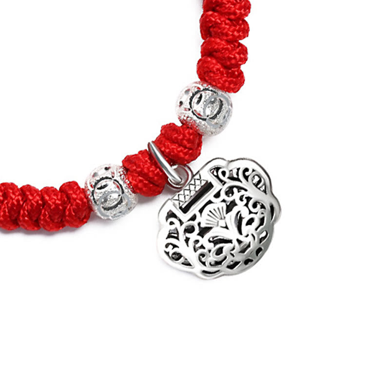 Buddha Stones 925 Sterling Silber Chinesisches Schloss Charm Mehrfarbig Rot Schnurschutz Handgefertigtes geflochtenes Kinderarmband