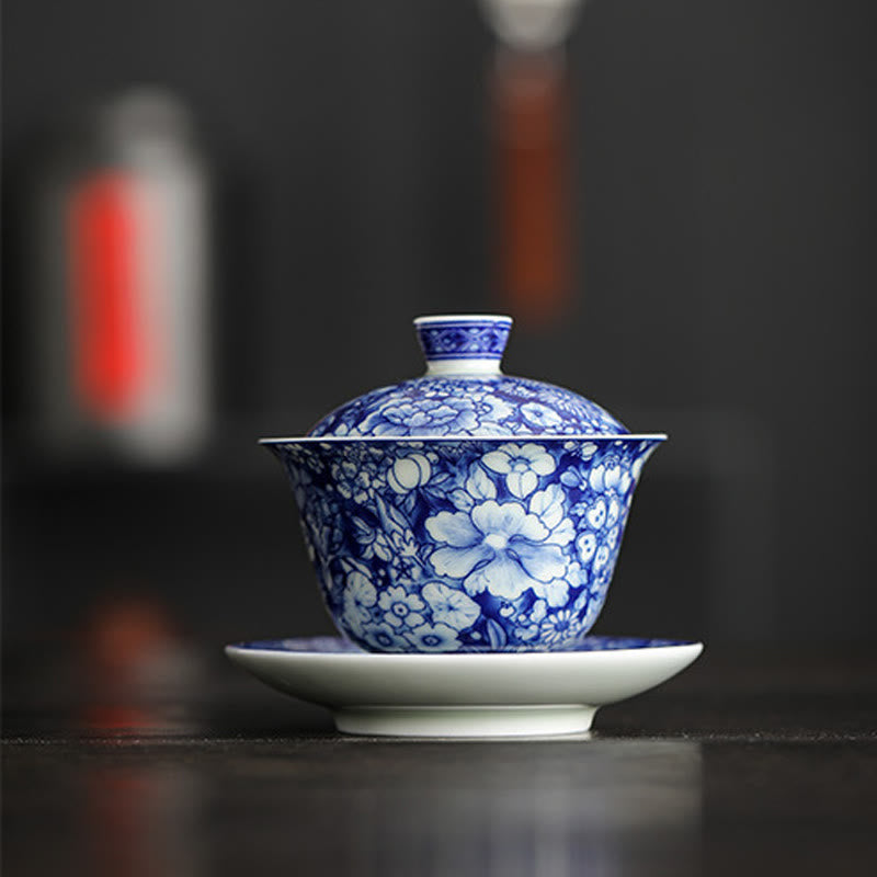 Buddha Stones Vintage blaue und Weiß Porzellan-Keramik-Gaiwan-Sancai-Teetasse Kung-Fu-Teetasse und Untertasse mit Deckel