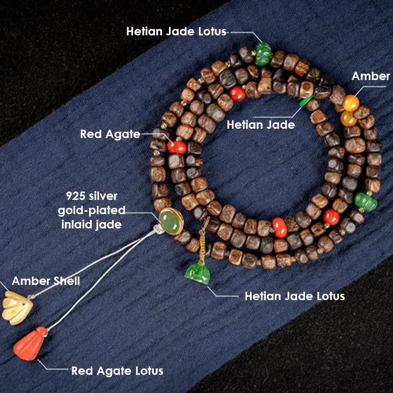 Buddha Stones 108 Mala Perlen 925 Sterling Silber Brunei Agarwood Red Achat PiXiu Hetian Jade Peace Strength Armband