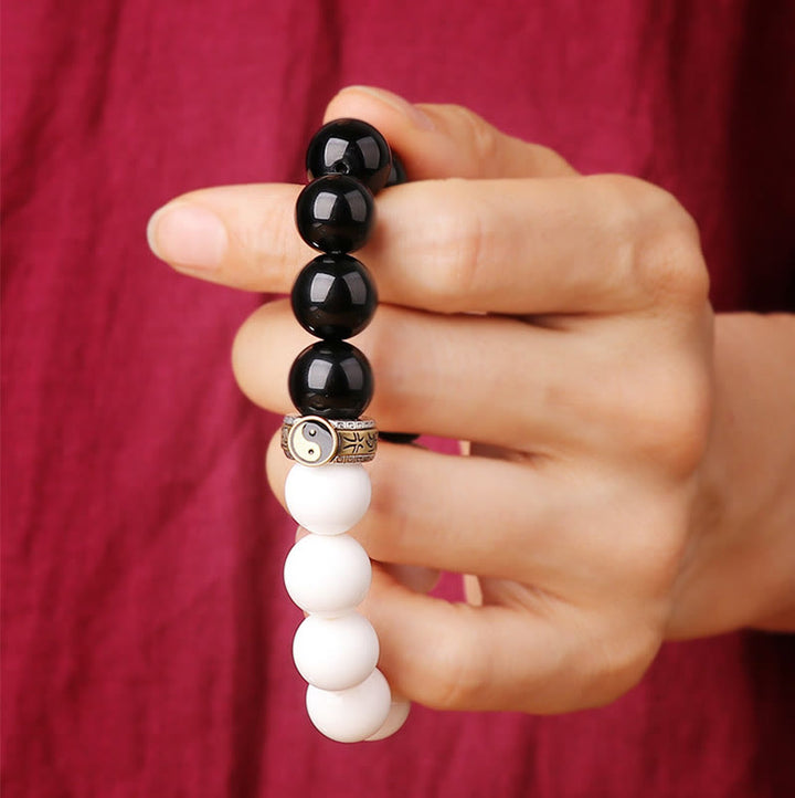 Armband mit Buddha Stonesn, 925er-Sterlingsilber, schwarzer Obsidian, Weiß Muschel, Yin-Yang-Stärke