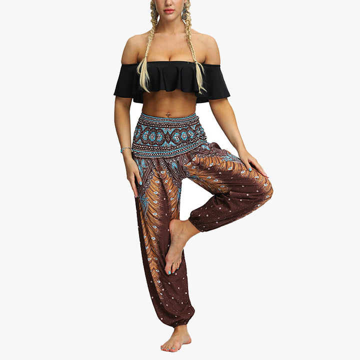 Buddha Stones Federdruck Hippie Baggy Hose Boho Hohe Taille mit Taschen Damen Yogahose