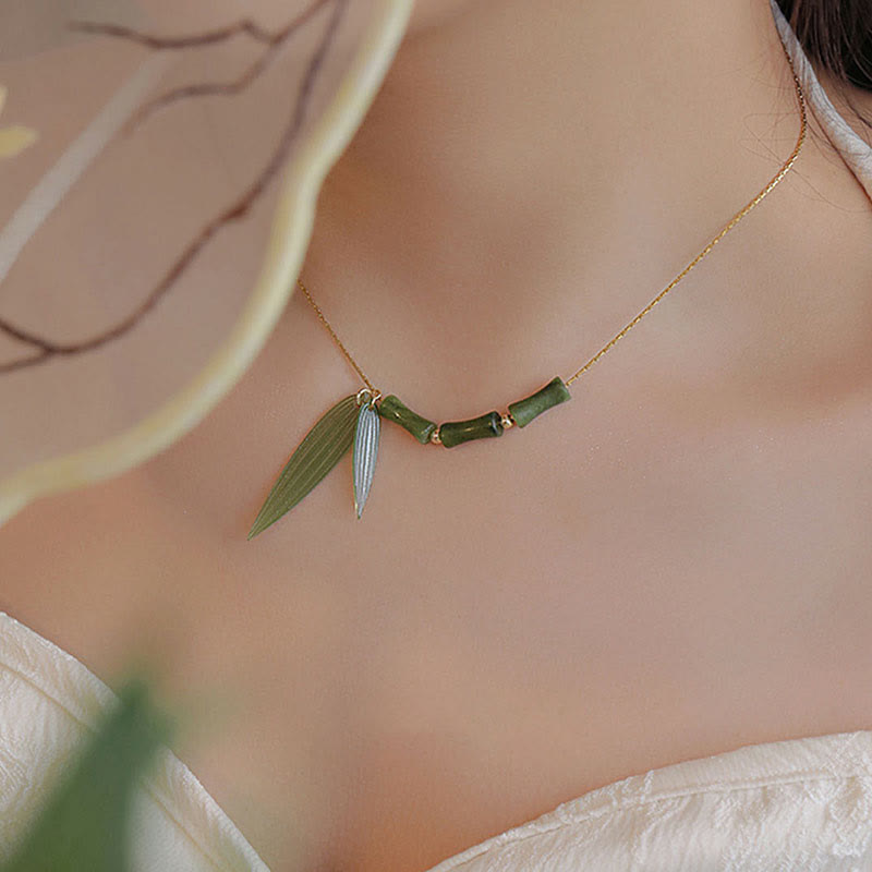 Buddha Stones Bambusblatt Jade Design Reichtum Halskette Anhänger