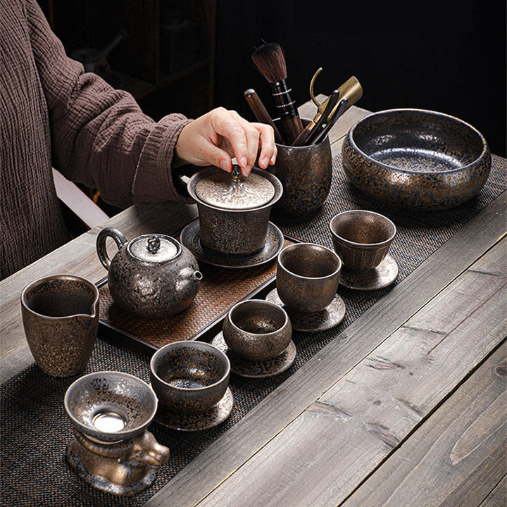 Buddha Stones Retro Rostglasur Keramik Gaiwan Sancai Teetasse Kung Fu Teetasse und Untertasse mit Deckel