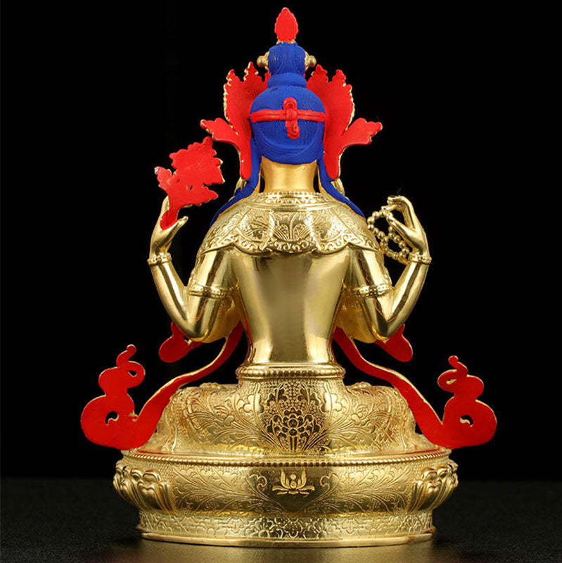 Chenrezig Vierarmige Avalokitesvara-Schutzstatue aus Kupfer, vergoldet, Dekoration