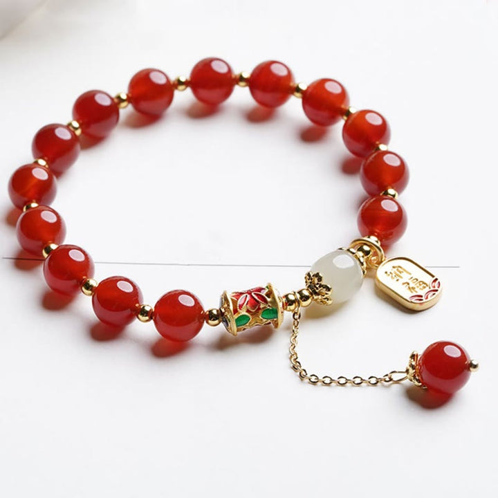 Buddha Stones Natürliches rotes Achat-Hetian-Jade-Fu-Charm-Charm-Armband