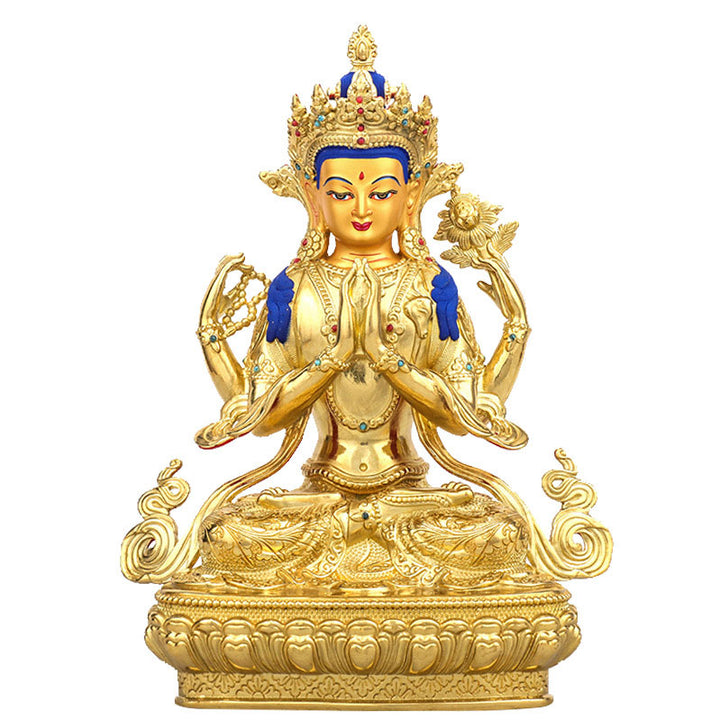 Chenrezig Vierarmige Avalokitesvara-Schutzstatue aus Kupfer, vergoldet, Dekoration