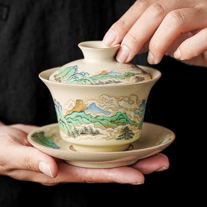 Buddha Stones Ein Panorama von Flüssen und Bergen Blumen Keramik Gaiwan Sancai Teetasse Kung Fu Teetasse und Untertasse mit Deckel