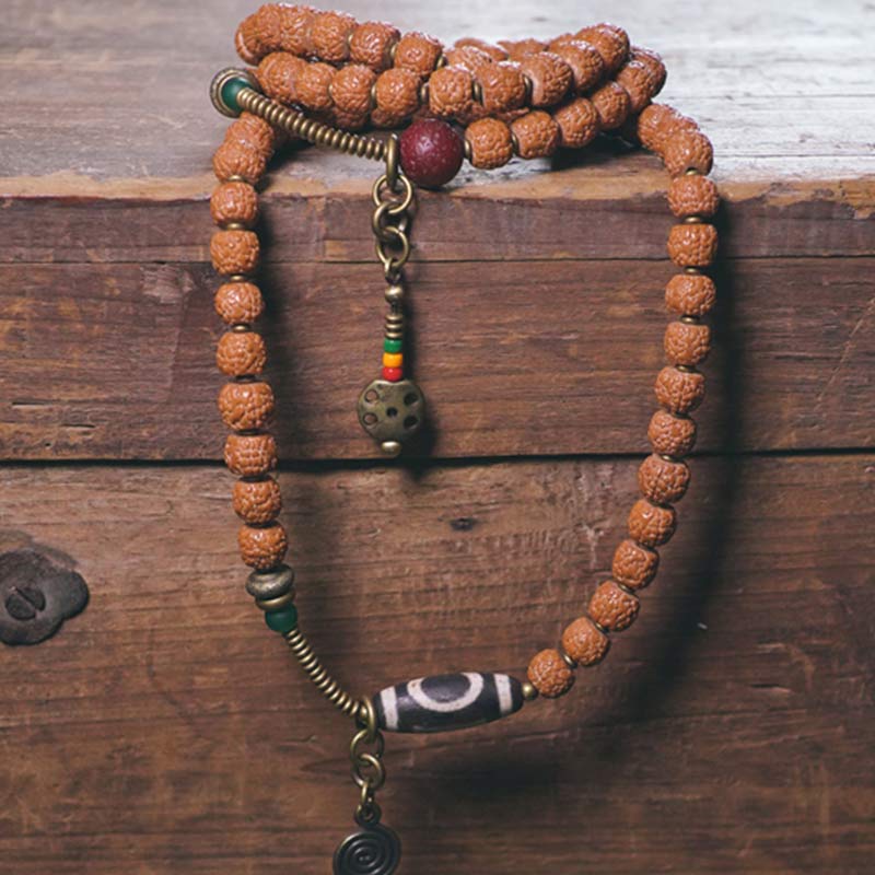 108 Mala Rudraksha-Perlen, Bodhi-Samen, Dzi-Perlen, Glücksverheißung, Quastenarmband