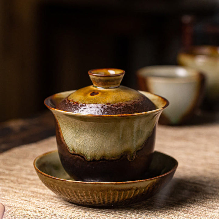 Buddha Stones Vintage Brown Kiln Change Design Porzellan Keramik Gaiwan Sancai Teetasse Kung Fu Teetasse und Untertasse mit Deckel