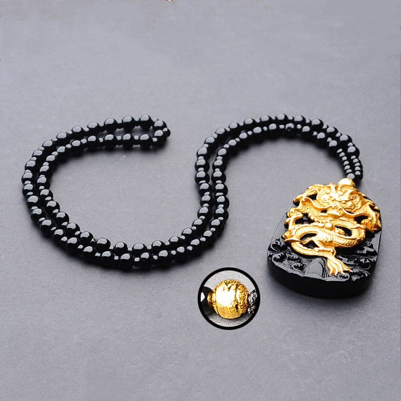 Buddha Stones 18 Karat vergoldete Drachen-Obsidian-Glücksanhänger-Halskette