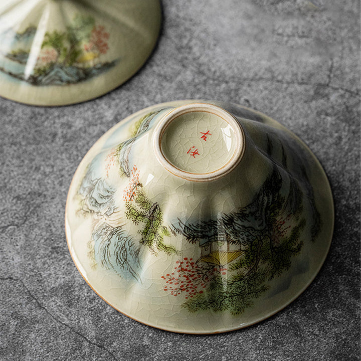 Buddha Stones Kiefer Berg Wald Landschaft Keramik Gaiwan Sancai Teetasse Kung Fu Teetasse und Untertasse mit Deckel