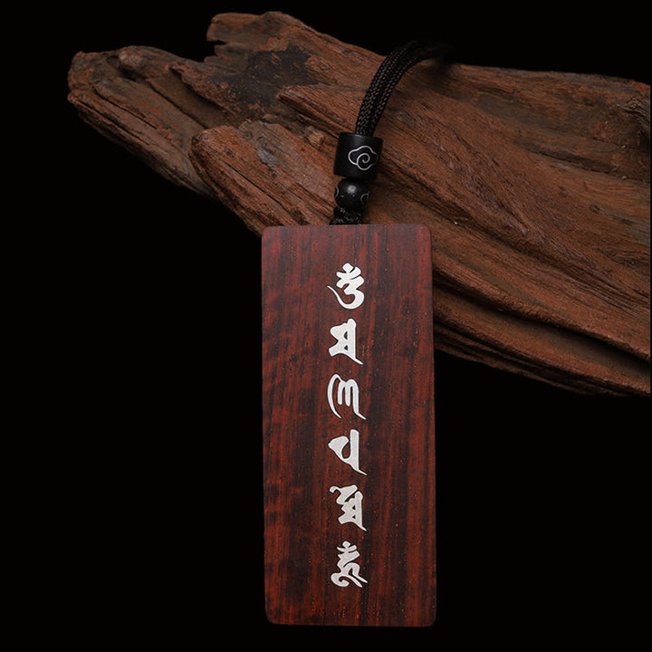 Buddha Stones, 999er-Sterlingsilber, kleines Blatt, rotes Sandelholz, Ebenholz, Om Mani Padme Hum, eingelegter Schutz-Halskettenanhänger