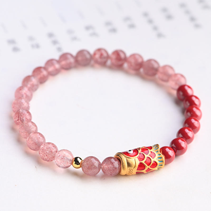 Buddha Stones Natürliches Erdbeerquarz-Zinnober-Glücks-Koi-Fisch-Heilarmband