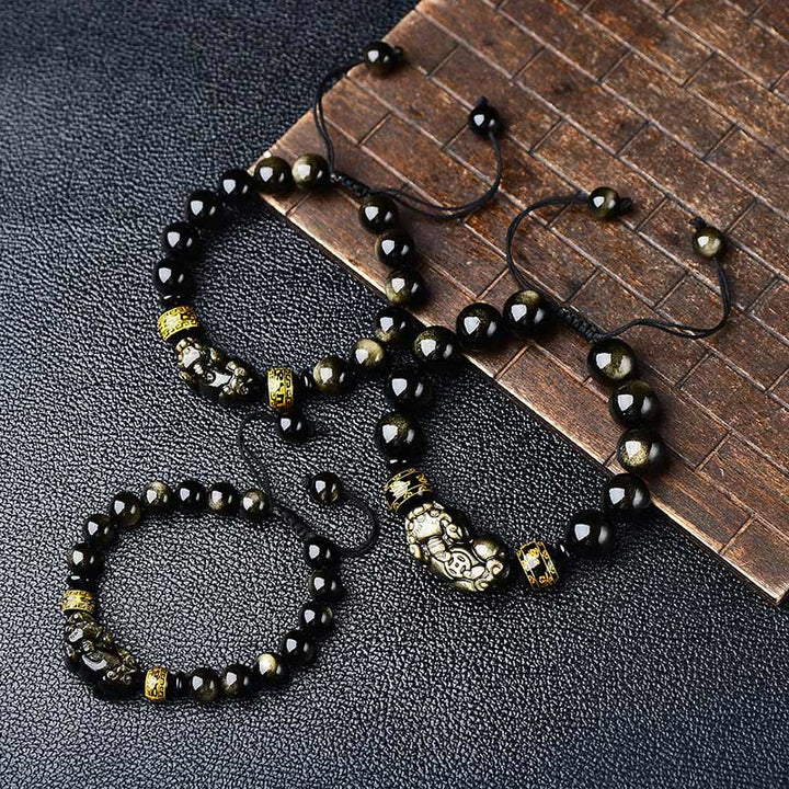 Buddha Stones Natürlicher Goldglanz-Obsidian PiXiu Om Mani Padme Hum Reichtum geflochtenes Armband