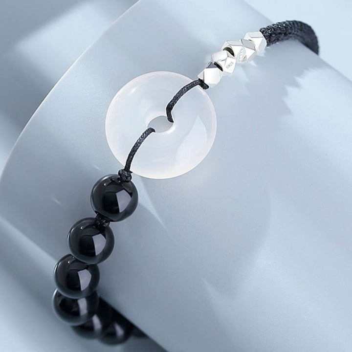 Buddha Stones 925 Sterling Silber schwarzes Obsidian-Achat-Friedensschnallen-Stärke-Armband