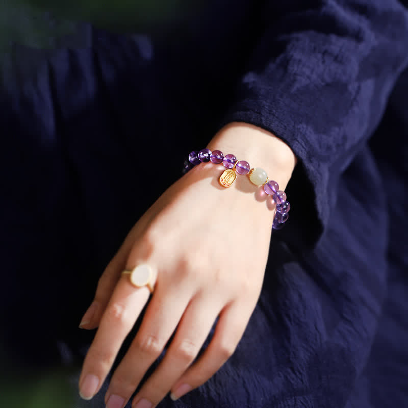 Buddha Stones Natürliches Amethyst-Kristall-Hetian-Jade-Heilungs-Charm-Armband