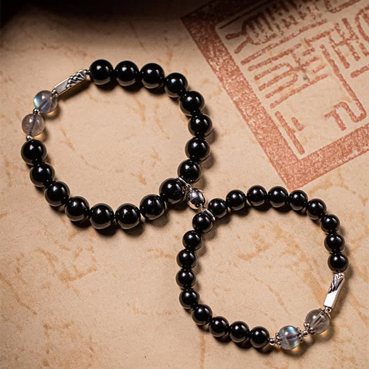 925 Sterling Silber Obsidian Mondstein Stärke Paar Armband