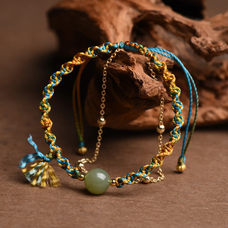 Buddha Stones Handgefertigtes buntes Seil-Glücks-Jade-Perlen-Überfluss-Doppelschicht-Armband