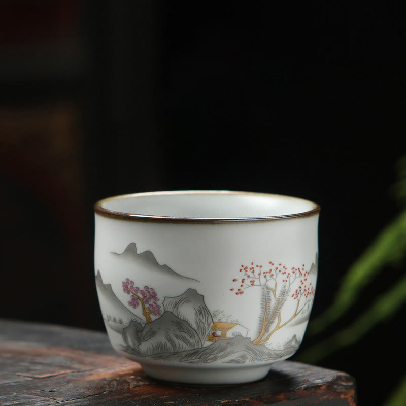 Buddha Stones, Wollmispel, Litschi, Schneelandschaft, Landschaft, Traube, Apfel, Keramik-Teetasse, Kung-Fu-Teetasse