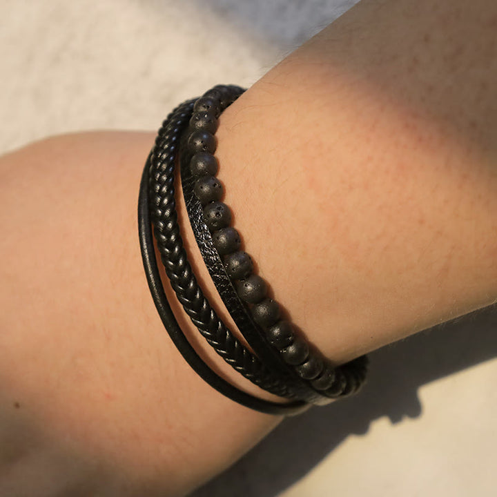 Buddha Stones, natürliches Lavagestein, schwarzes Onyx-Perlen-Lederarmband