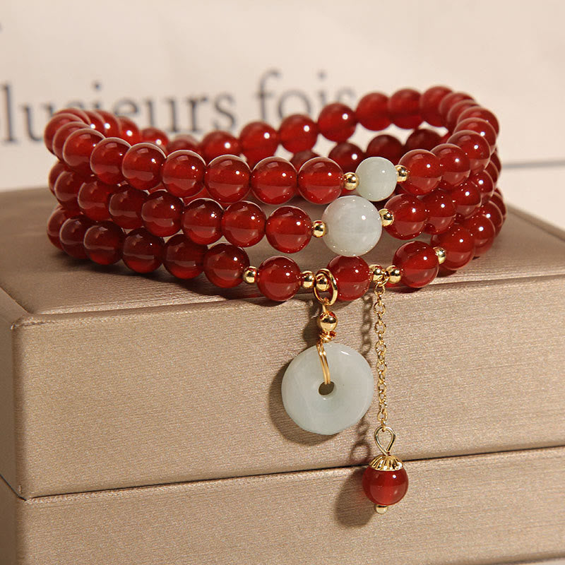 Buddha Stones Natürliches rotes Achat-Jade-Peace-Schnalle-Calm-Dreifach-Wickelarmband