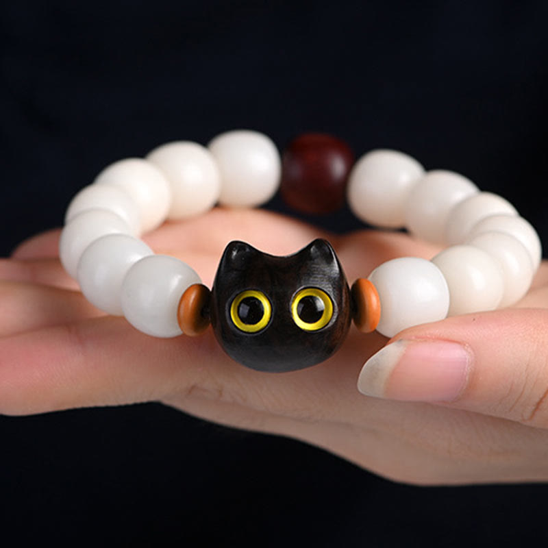 Buddha Stones, natürliches Bodhi-Samen-Armband, kleines Blatt, rotes Sandelholz, Ebenholz, süße Glückskatze, Weisheitsarmband