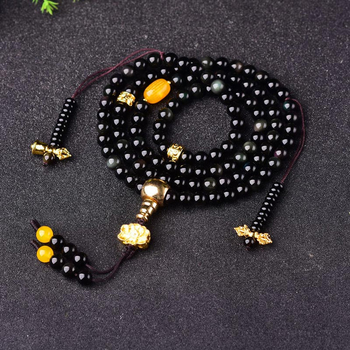Buddha Stones, 108 Perlen, natürlicher schwarzer Obsidian, Lotus-Erfüllungs-Mala-Armband