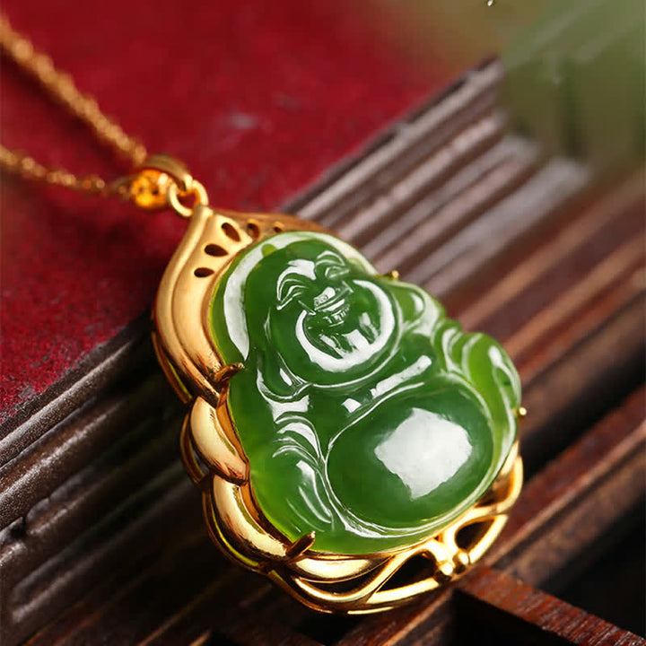 925 Sterling Silber natürliche Hetian Cyan Jade lachender Buddha 18K Gold Heilung Halskette Kettenanhänger