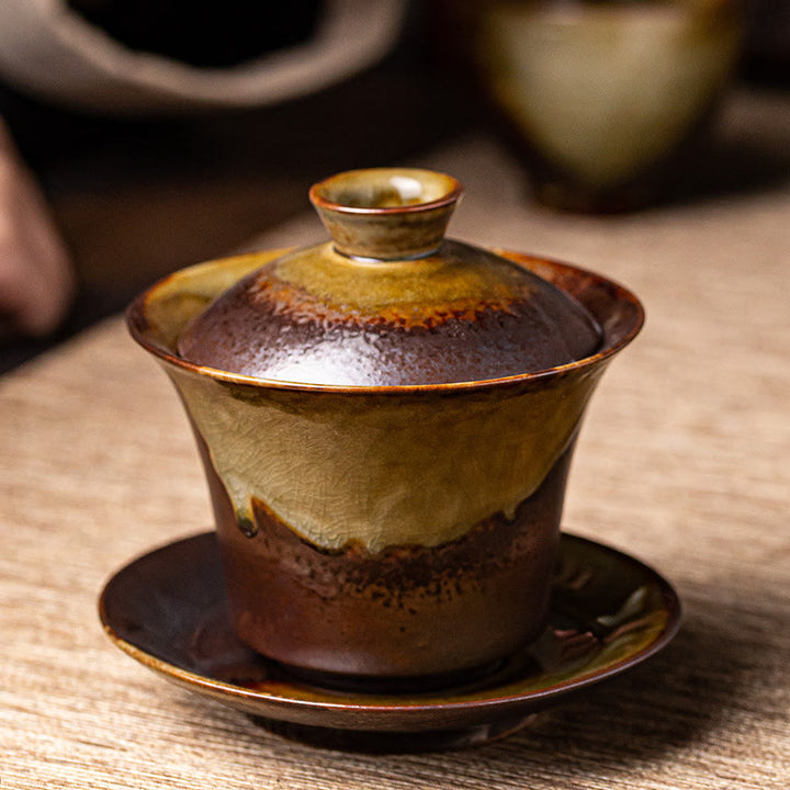 Buddha Stones Vintage Brown Kiln Change Design Porzellan Keramik Gaiwan Sancai Teetasse Kung Fu Teetasse und Untertasse mit Deckel