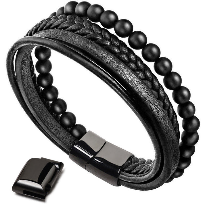 Buddha Stones, natürliches Lavagestein, schwarzes Onyx-Perlen-Lederarmband