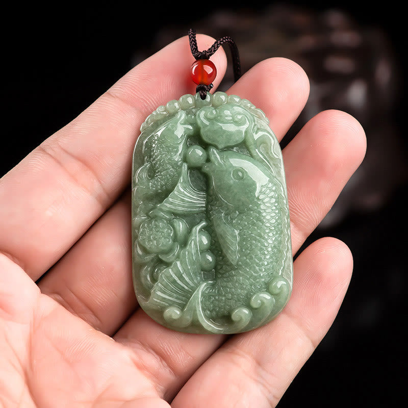 Buddha Stones, natürlicher Jade-Koi-Fisch, Lotus, Reichtum, Wohlstand, Halsketten-Anhänger