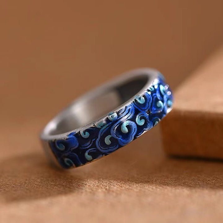 Verstellbarer Ring aus Kupfer mit Buddha Stonesn, blaues, verheißungsvolles Wolken-Design, Heilung