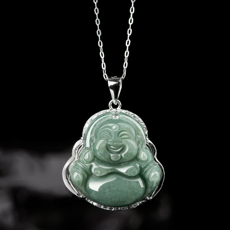 Buddha Stones 925 Sterling Silber Lachender Buddha Jade Fülle Halskette Kettenanhänger