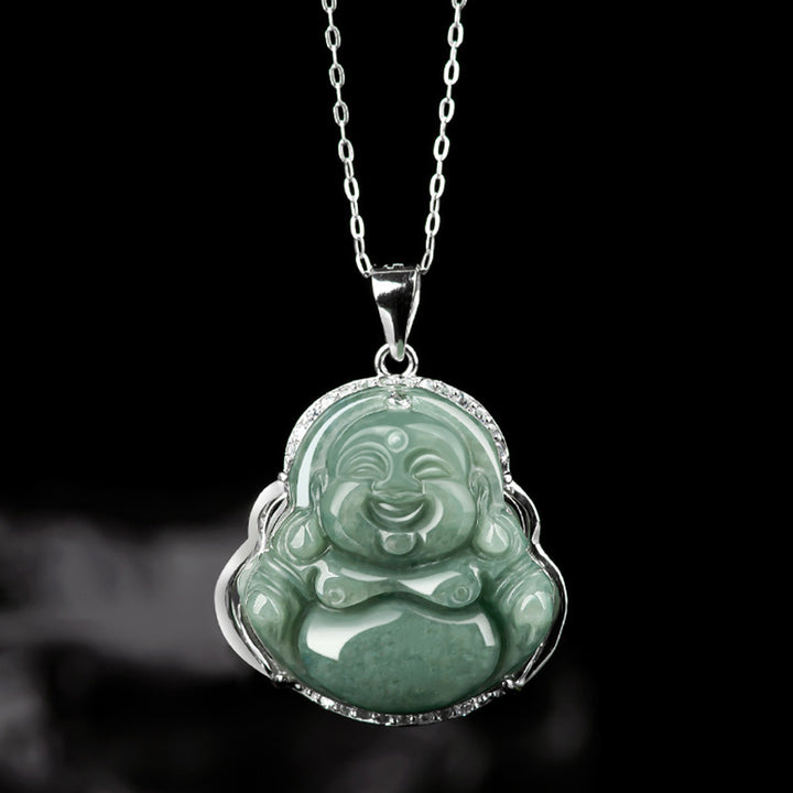 Buddha Stones 925 Sterling Silber Lachender Buddha Jade Fülle Halskette Kettenanhänger