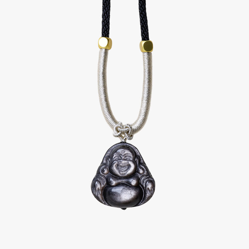 Buddha Stones, natürlicher silberfarbener Obsidian, lachender Buddha-Schutz-Halsketten-Anhänger