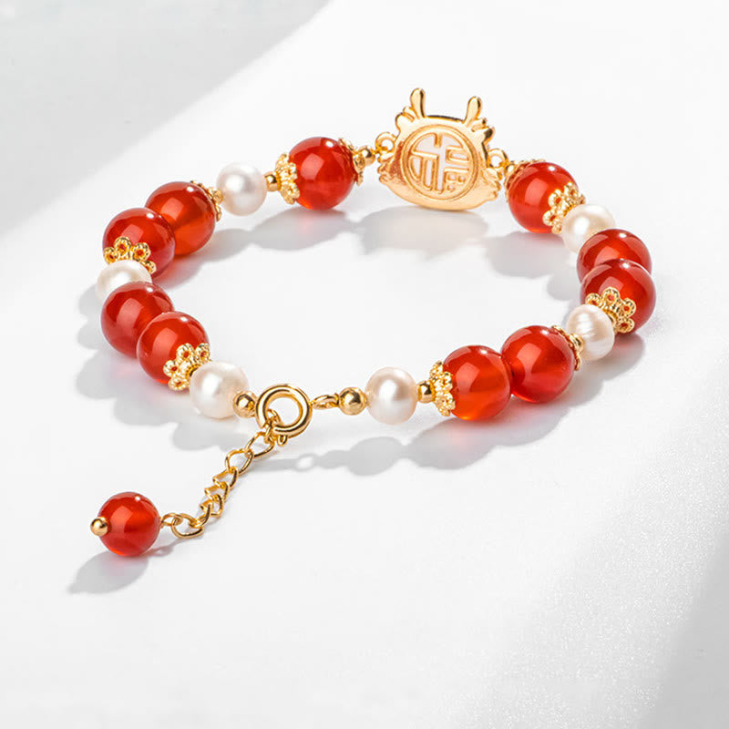 Buddha Stones 14K vergoldetes Jahr des Drachen natürliches rotes Achat-Perlenschutz-Fu-Charakter-Kettenarmband