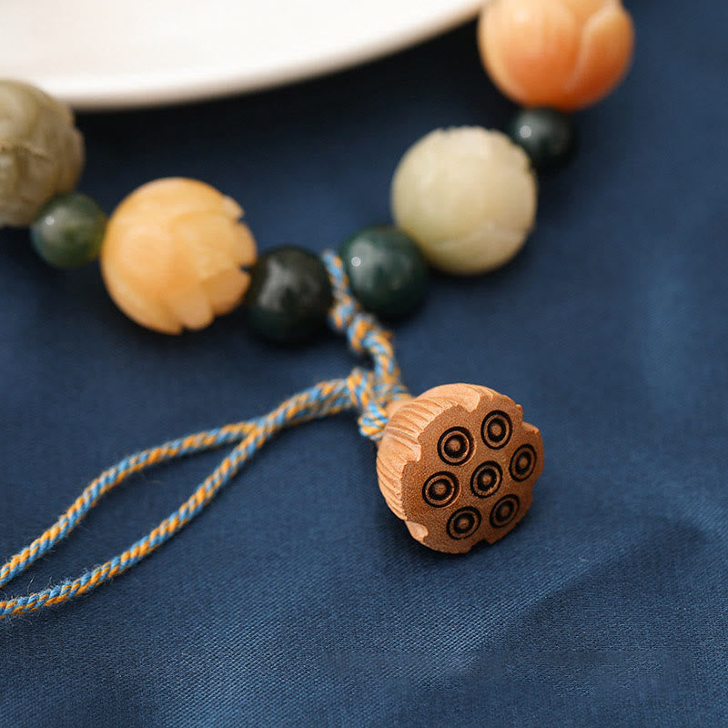 Buddha Stones Bodhi Seed Lotus Bead Graviertes Moosachat Peace Calm Armband