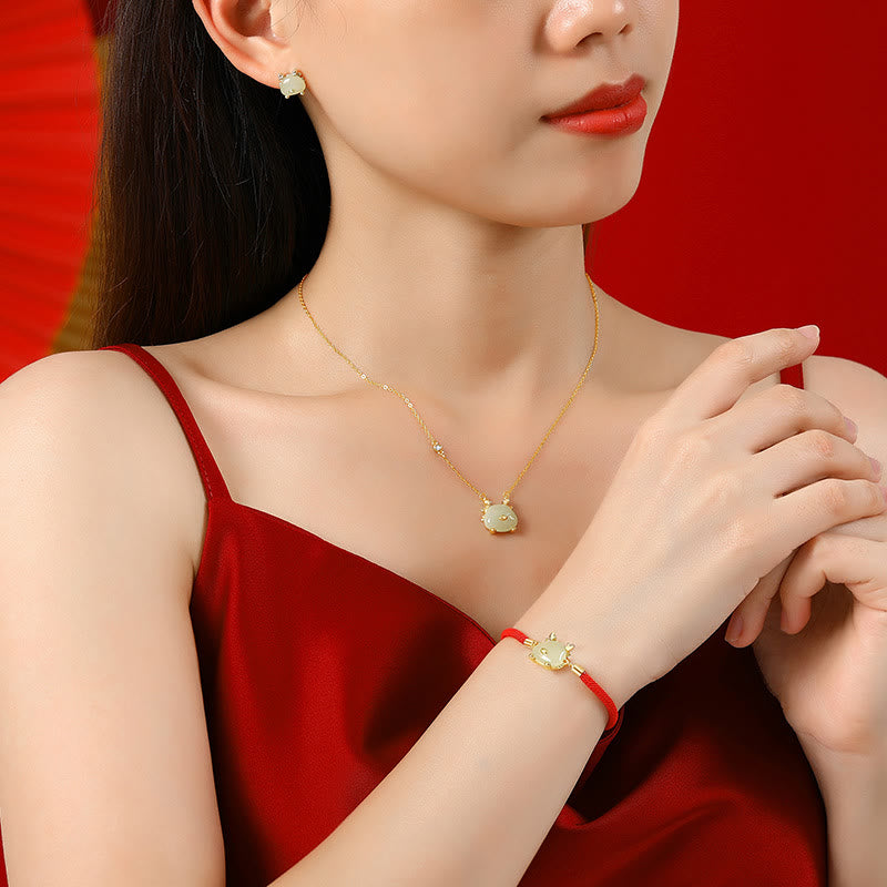 ❗❗❗Ein Blitzverkauf – Buddha Stones 925 Sterling Silber Jahr des Drachen Natürliche Hetian Jade Roter Achat Niedlicher Drache Schutz Erfolg Armband Halskette Anhänger Ohrringe