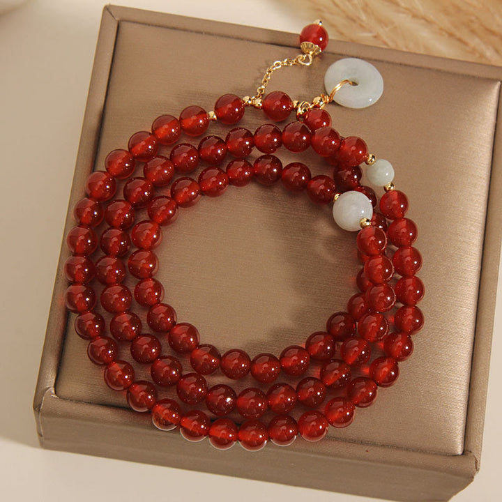 Buddha Stones Natürliches rotes Achat-Jade-Peace-Schnalle-Calm-Dreifach-Wickelarmband