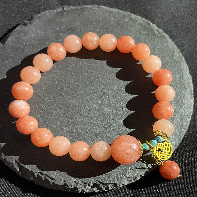 Armband mit Buddha Stonesn, natürlichem orangefarbenem Stein, Türkis, Fu-Charakter, Glücksbringer