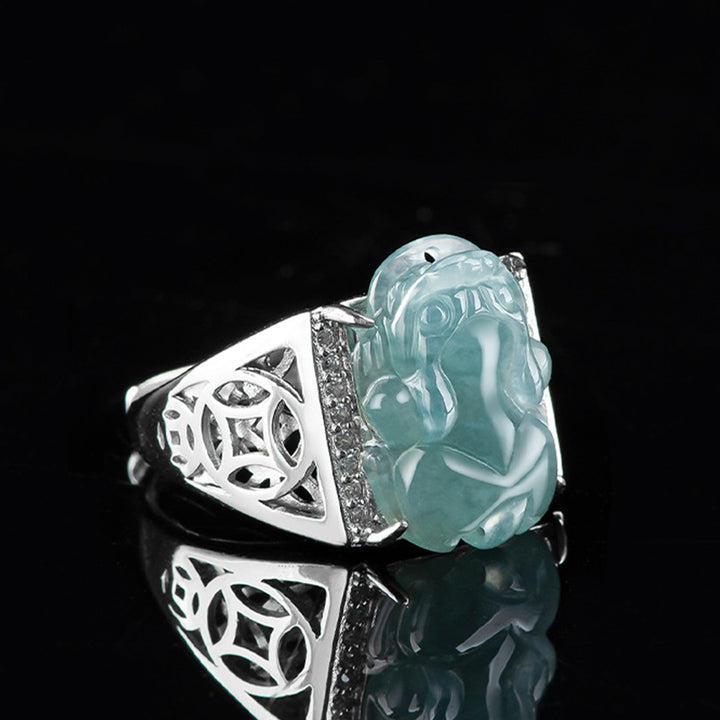 Buddha Stones 925 Sterling Silber Fengshui Reichtum Wohlstand Jade PiXiu Glücksring