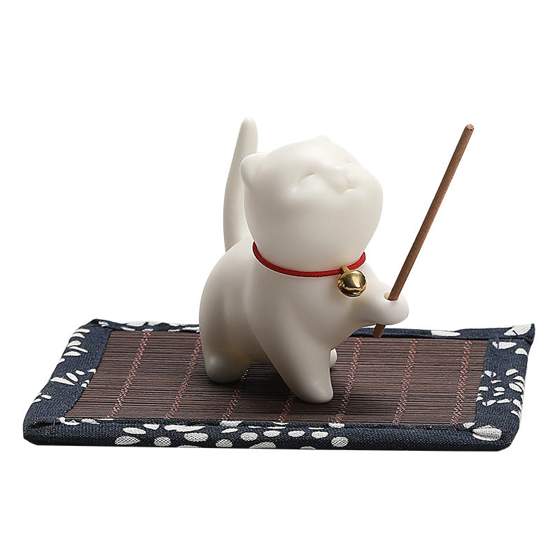 Buddha Stones, Mini-Glückskatze, Kätzchen, Teehaustier, Keramik, Schreibtisch-Figur, Dekoration mit Bambusmatte