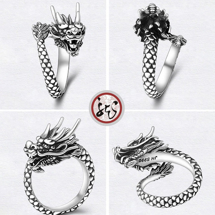 Buddha Stones 990 Sterling Silber Vintage Drachen Design Glück Schutz Stärke Verstellbarer Ring