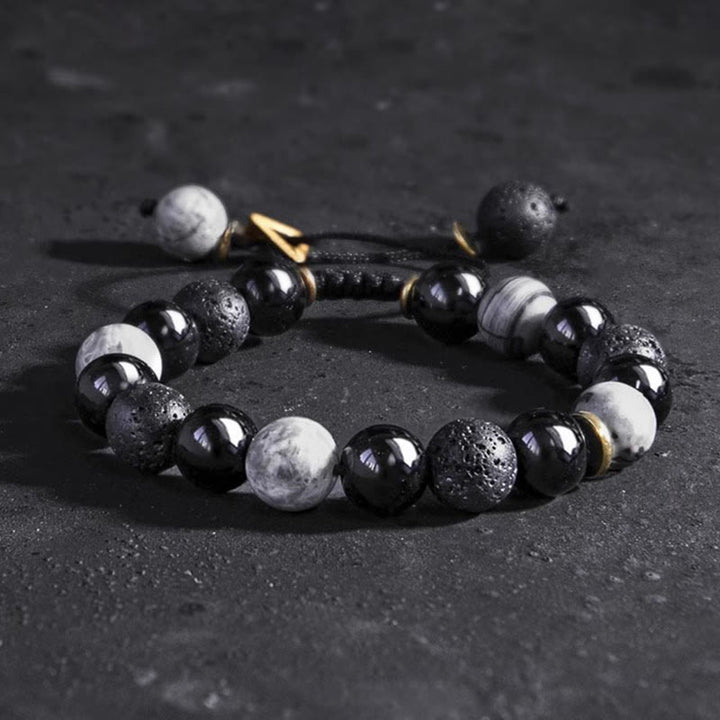 Buddha Stones Armband aus schwarzem Obsidian, Lavastein, Yin-Yang-Stärke