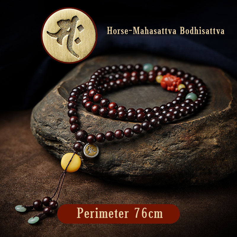 Buddha Stones, chinesisches Sternzeichen, Natal-Buddha, 108 Mala-Perlen, kleines Blatt, rotes Sandelholz, roter Achat, PiXiu-Schutzarmband