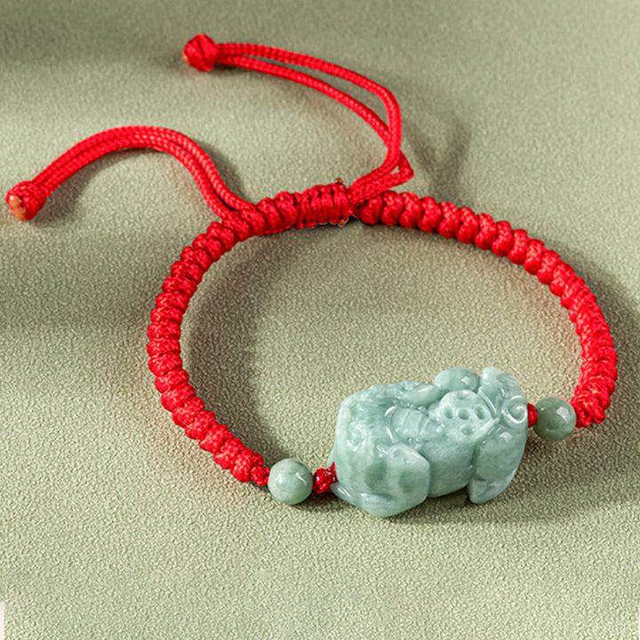 Buddha Stones Handgefertigtes natürliches Jade-PiXiu-Schutz-King-Kong-Knoten-Armband mit geflochtener Schnur